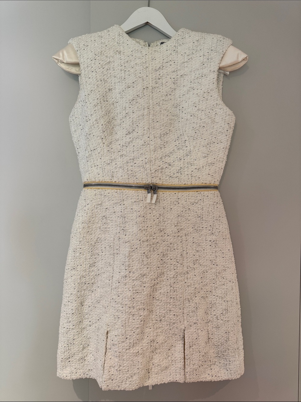 Alexander McQueen Cream Tweed Mini Dress with Gold Zip Belt